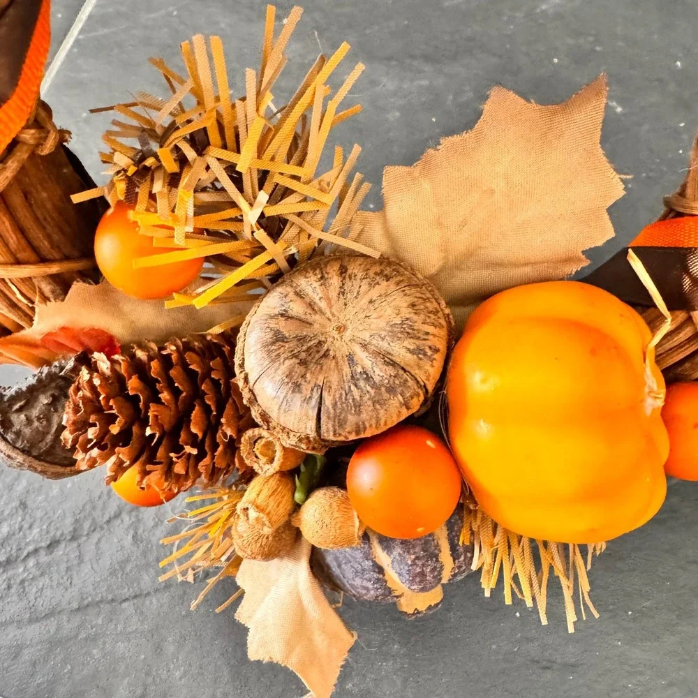 VTG Fall Harvest Mini Wreath Orange Pumpkins Pine Cone Autumn‎ Decor 6 Inch